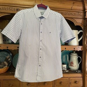 Renoma Paris Sz S Mens Slim‎ Blue Striped Nautical Short Sleeve Button up Shirt